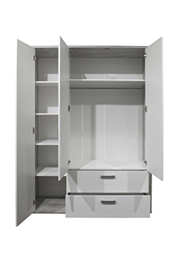 AVANTI TRENDSTORE - Freddo - Kleiderschrank, 3 Türen und 2 Schubkästen in vintage Wood grau / weiß Lack Dekor, ca. 138x189x51 cm - 2