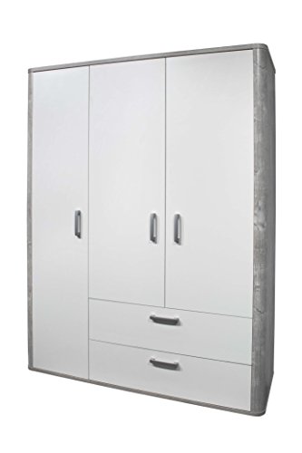 AVANTI TRENDSTORE - Freddo - Kleiderschrank, 3 Türen und 2 Schubkästen in vintage Wood grau / weiß Lack Dekor, ca. 138x189x51 cm - 1