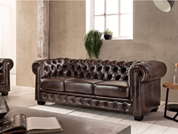 Woodkings® Chesterfield Sofa 3-Sitzer braun vintage Echtleder Couch Bürosofa Polstermöbel 3 Sitzer antik Designsofa Federkern unikat Herrenzimmer englisches Leder Stilsofa - 8